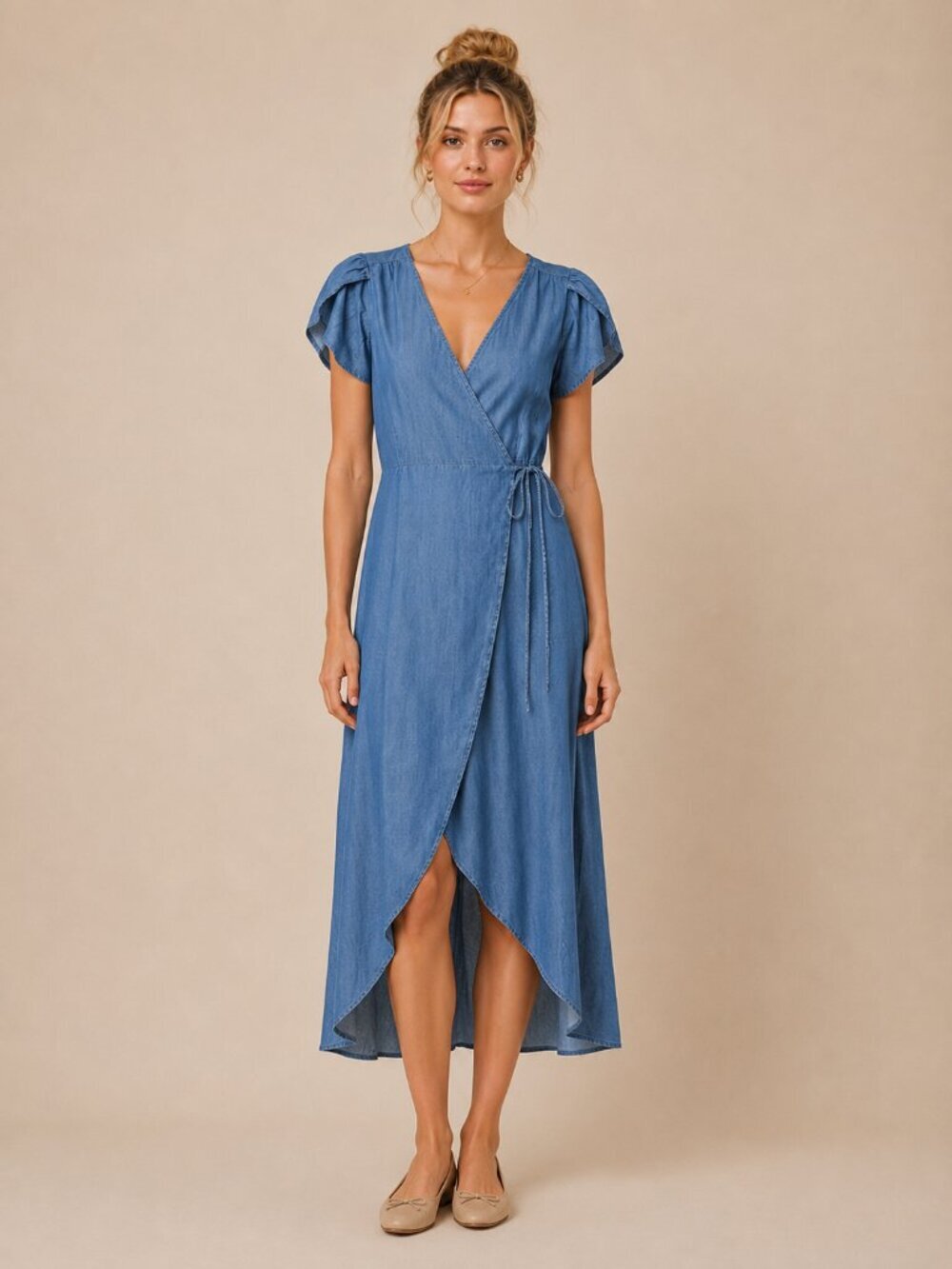 GAP Chambray Wrap Dress Soft Lyocell Look Flutter Sleeve Blue Size XS